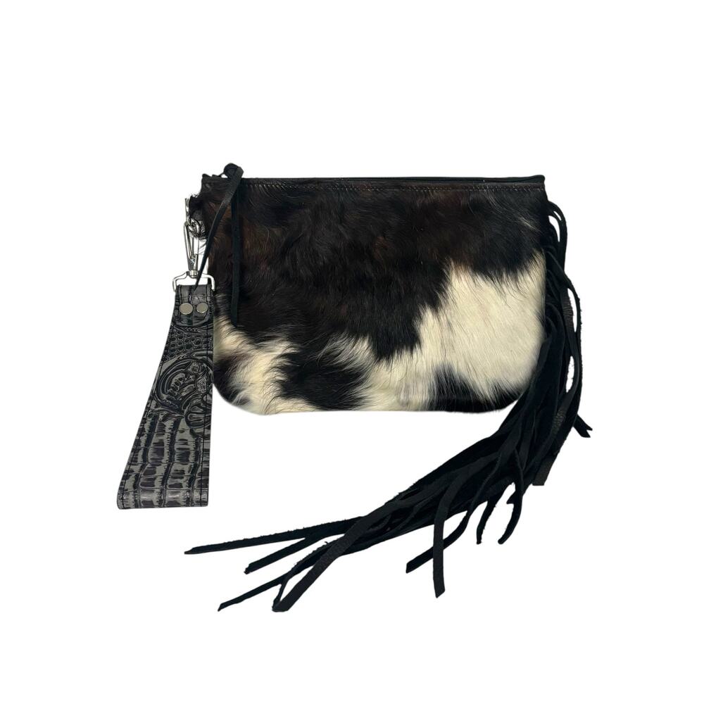 Cowhide Leather Fringe Wristlet Clutch Black White Western Boho Bag